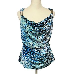 Vtg Fashion Bug Y2K Women's Blue Dotted Sleeveless Top Draped Cowl Neck Tank Top